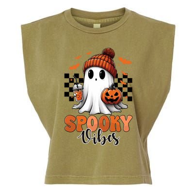 Groovy Spooky Vibes Retro Ghost Holding Pumpkin Halloween Gift Garment-Dyed Women's Muscle Tee