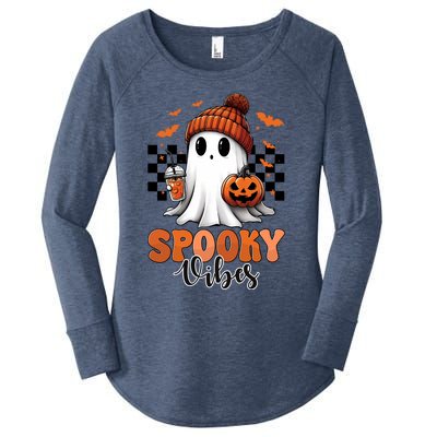 Groovy Spooky Vibes Retro Ghost Holding Pumpkin Halloween Gift Women's Perfect Tri Tunic Long Sleeve Shirt