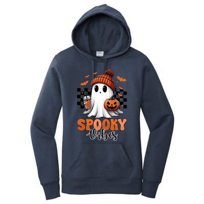 Groovy Spooky Vibes Retro Ghost Holding Pumpkin Halloween Gift Women's Pullover Hoodie