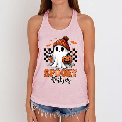 Groovy Spooky Vibes Retro Ghost Holding Pumpkin Halloween Gift Women's Knotted Racerback Tank