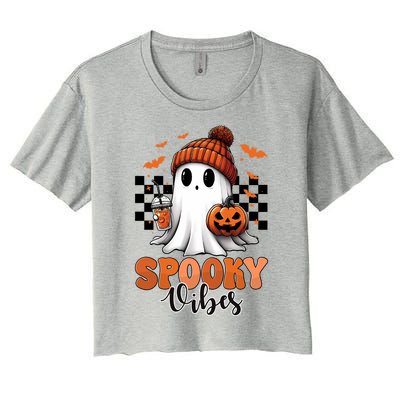 Groovy Spooky Vibes Retro Ghost Holding Pumpkin Halloween Gift Women's Crop Top Tee