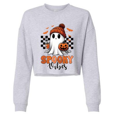 Groovy Spooky Vibes Retro Ghost Holding Pumpkin Halloween Gift Cropped Pullover Crew