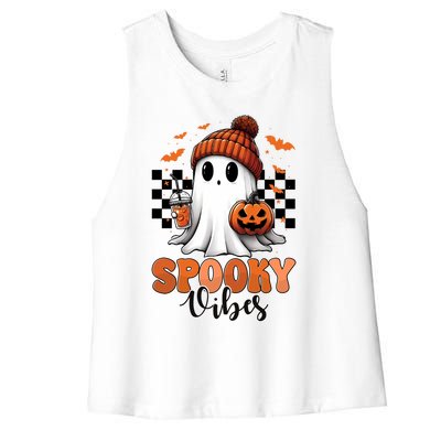 Groovy Spooky Vibes Retro Ghost Holding Pumpkin Halloween Gift Women's Racerback Cropped Tank