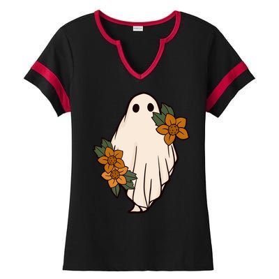 Ghost Sunflower Vintage Halloween Ladies Halftime Notch Neck Tee