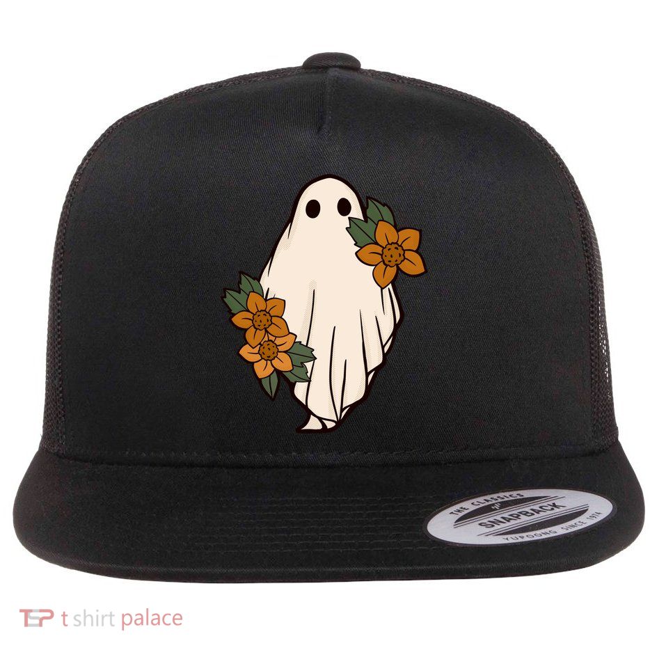 Ghost Sunflower Vintage Halloween Flatbill Hat