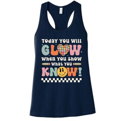 Groovy Show What You Know Testing Day For Teacher Women's Racerback Tank