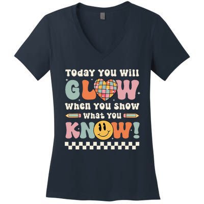 Groovy Show What You Know Testing Day For Teacher Women's V-Neck T-Shirt