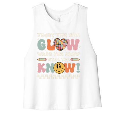 Groovy Show What You Know Testing Day For Teacher Women's Racerback Cropped Tank