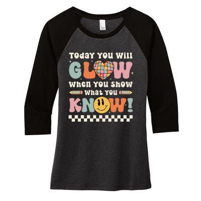 Groovy Show What You Know Testing Day For Teacher Women's Tri-Blend 3/4-Sleeve Raglan Shirt