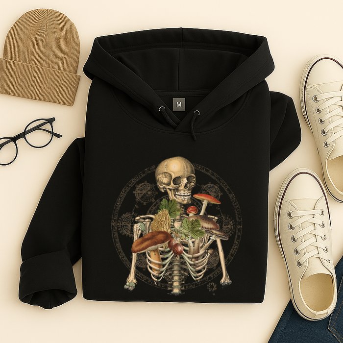 Goblincore Skeleton With Mushrooms Foraging Mycologist Fungi Hoodie