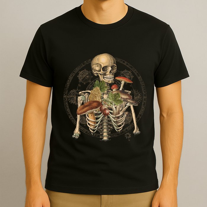 Goblincore Skeleton With Mushrooms Foraging Mycologist Fungi T-Shirt