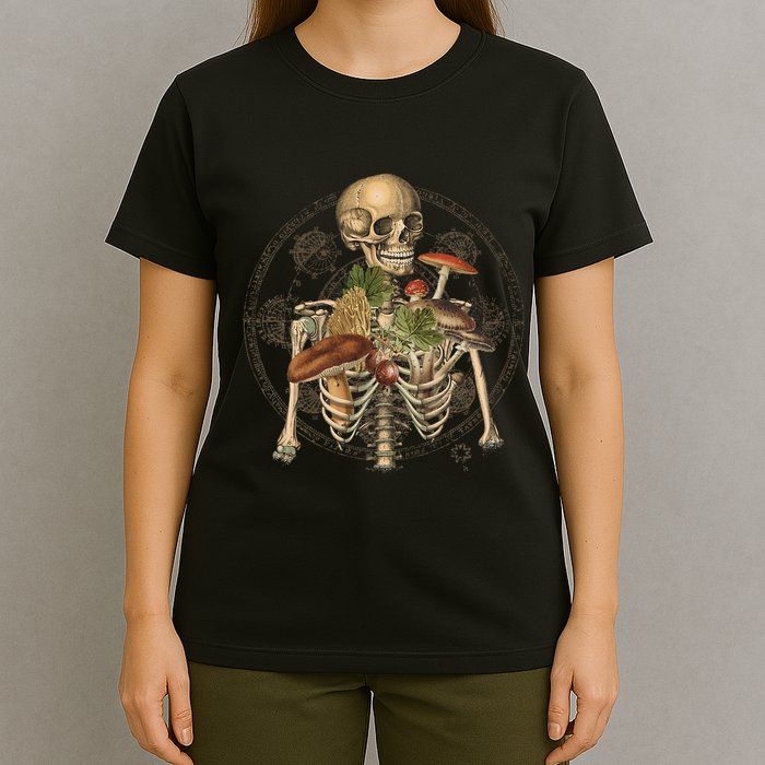 Goblincore Skeleton With Mushrooms Foraging Mycologist Fungi T-Shirt