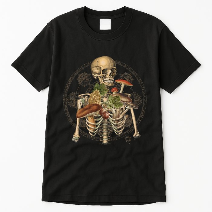 Goblincore Skeleton With Mushrooms Foraging Mycologist Fungi Tall T-Shirt