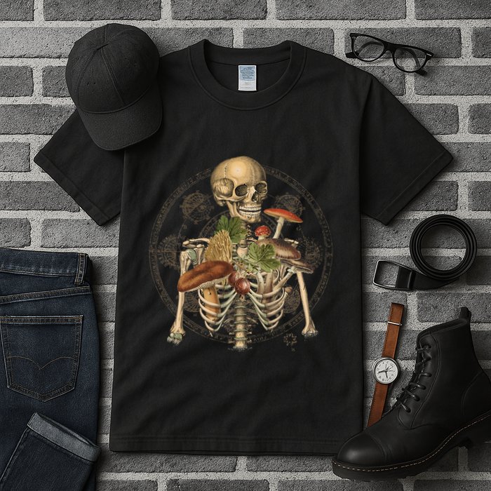 Goblincore Skeleton With Mushrooms Foraging Mycologist Fungi Tall T-Shirt