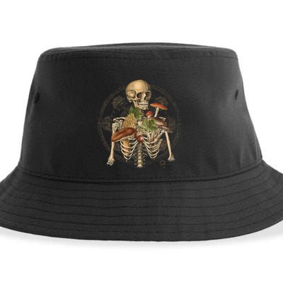 Goblincore Skeleton With Mushrooms Foraging Mycologist Fungi Sustainable Bucket Hat