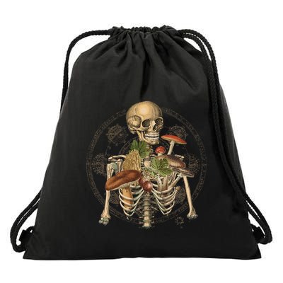 Goblincore Skeleton With Mushrooms Foraging Mycologist Fungi Drawstring Bag