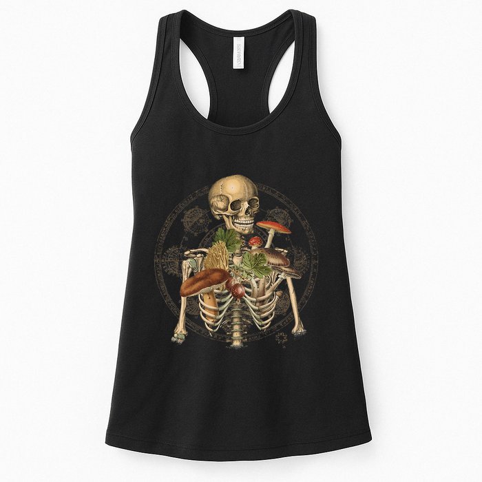Goblincore Skeleton With Mushrooms Foraging Mycologist Fungi Womens Tank Top