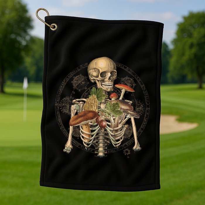 Goblincore Skeleton With Mushrooms Foraging Mycologist Fungi Golf Towel