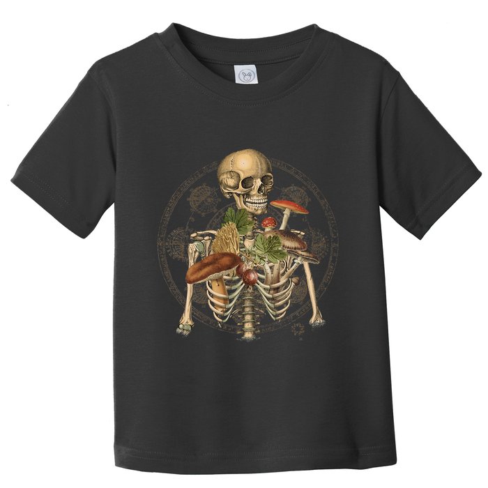 Goblincore Skeleton With Mushrooms Foraging Mycologist Fungi Toddler T-Shirt