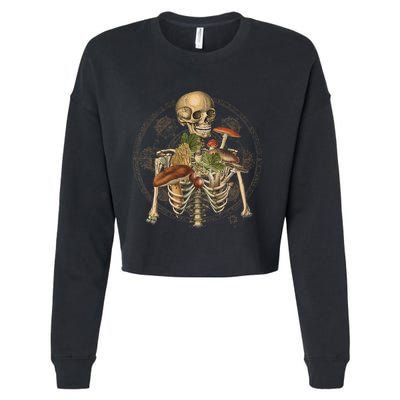 Goblincore Skeleton With Mushrooms Foraging Mycologist Fungi Cropped Pullover Crew