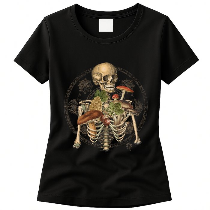 Goblincore Skeleton With Mushrooms Foraging Mycologist Fungi Womens T-Shirt