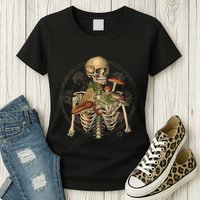 Goblincore Skeleton With Mushrooms Foraging Mycologist Fungi Womens T-Shirt