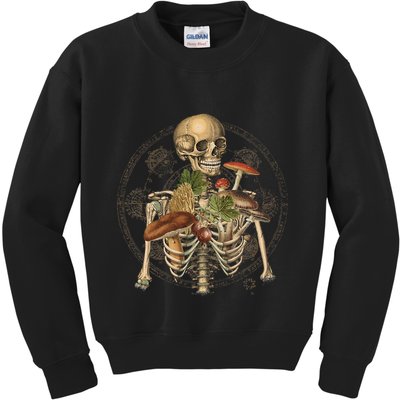 Goblincore Skeleton With Mushrooms Foraging Mycologist Fungi Kids Sweatshirt