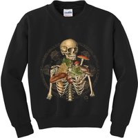 Goblincore Skeleton With Mushrooms Foraging Mycologist Fungi Kids Sweatshirt