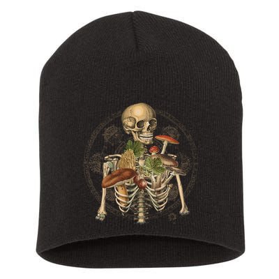 Goblincore Skeleton With Mushrooms Foraging Mycologist Fungi Short Acrylic Beanie