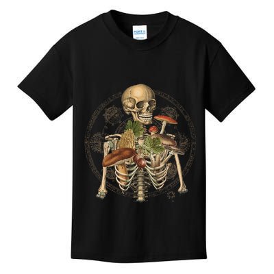 Goblincore Skeleton With Mushrooms Foraging Mycologist Fungi Kids T-Shirt