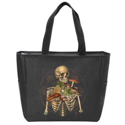 Goblincore Skeleton With Mushrooms Foraging Mycologist Fungi Zip Tote Bag