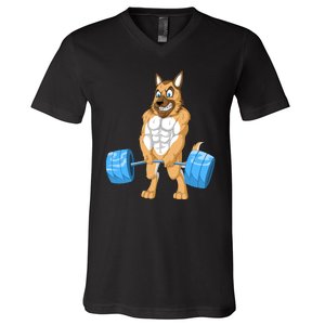 German Shepherd Weightlifting V-Neck T-Shirt