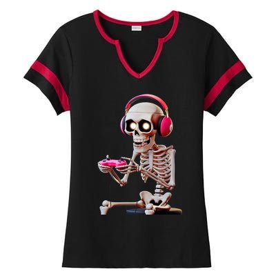 Gamer Skeleton With Headphones Halloween Gaming Gift Ladies Halftime Notch Neck Tee