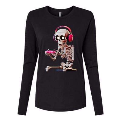 Gamer Skeleton With Headphones Halloween Gaming Gift Womens Cotton Relaxed Long Sleeve T-Shirt