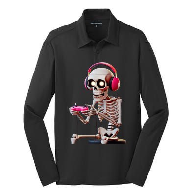 Gamer Skeleton With Headphones Halloween Gaming Gift Silk Touch Performance Long Sleeve Polo