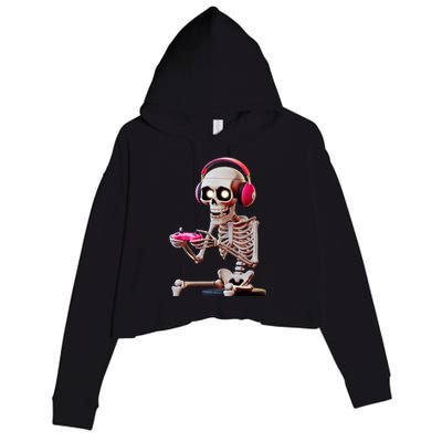 Gamer Skeleton With Headphones Halloween Gaming Gift Crop Fleece Hoodie