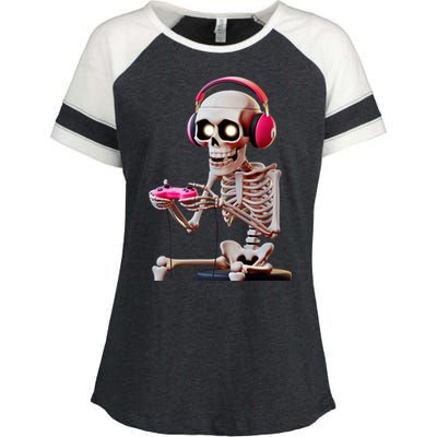 Gamer Skeleton With Headphones Halloween Gaming Gift Enza Ladies Jersey Colorblock Tee