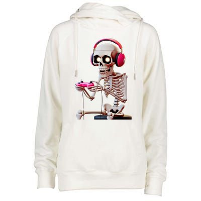 Gamer Skeleton With Headphones Halloween Gaming Gift Womens Funnel Neck Pullover Hood