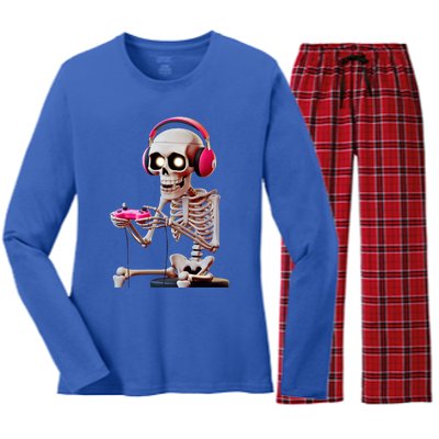 Gamer Skeleton With Headphones Halloween Gaming Gift Women's Long Sleeve Flannel Pajama Set 