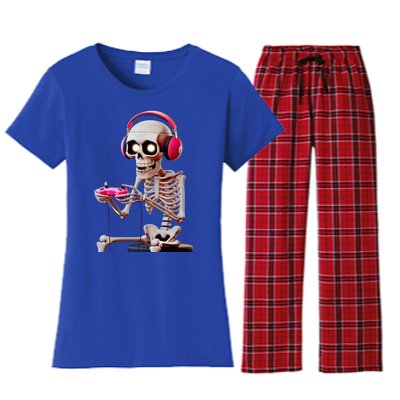 Gamer Skeleton With Headphones Halloween Gaming Gift Women's Flannel Pajama Set