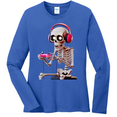 Gamer Skeleton With Headphones Halloween Gaming Gift Ladies Long Sleeve Shirt