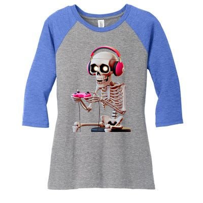 Gamer Skeleton With Headphones Halloween Gaming Gift Women's Tri-Blend 3/4-Sleeve Raglan Shirt