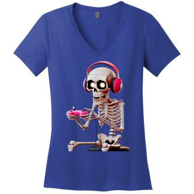 Gamer Skeleton With Headphones Halloween Gaming Gift Women's V-Neck T-Shirt