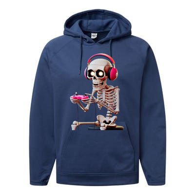 Gamer Skeleton With Headphones Halloween Gaming Gift Performance Fleece Hoodie