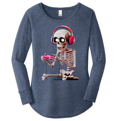 Gamer Skeleton With Headphones Halloween Gaming Gift Women's Perfect Tri Tunic Long Sleeve Shirt