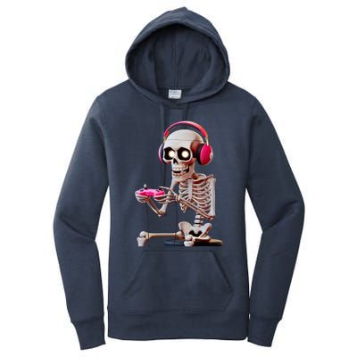 Gamer Skeleton With Headphones Halloween Gaming Gift Women's Pullover Hoodie