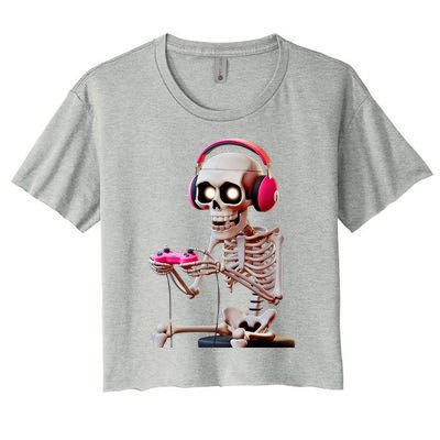 Gamer Skeleton With Headphones Halloween Gaming Gift Women's Crop Top Tee