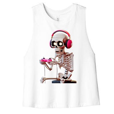 Gamer Skeleton With Headphones Halloween Gaming Gift Women's Racerback Cropped Tank