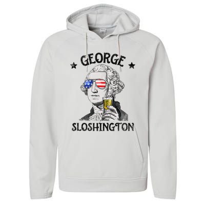 George Sloshington Washington 4th Of July  USA Flag Performance Fleece Hoodie