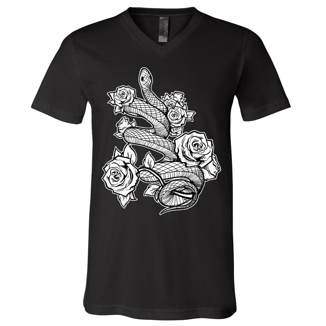 Gothic Snake With Roses Punk Gothic V-Neck T-Shirt